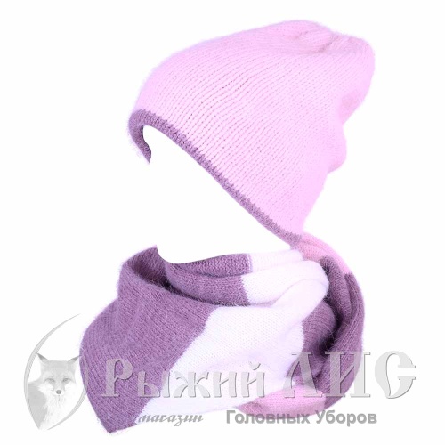 Комплект из Вязаной Шапки и Косынки женский "Ядвига" (6577-4, своб., розовый/баклажан)