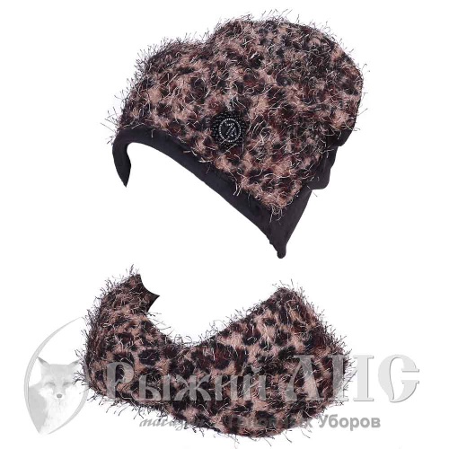 Комплект из Трикотажной Шапки и Баффа женский "Травка" (6708-1, своб., коричнево-бежевый)